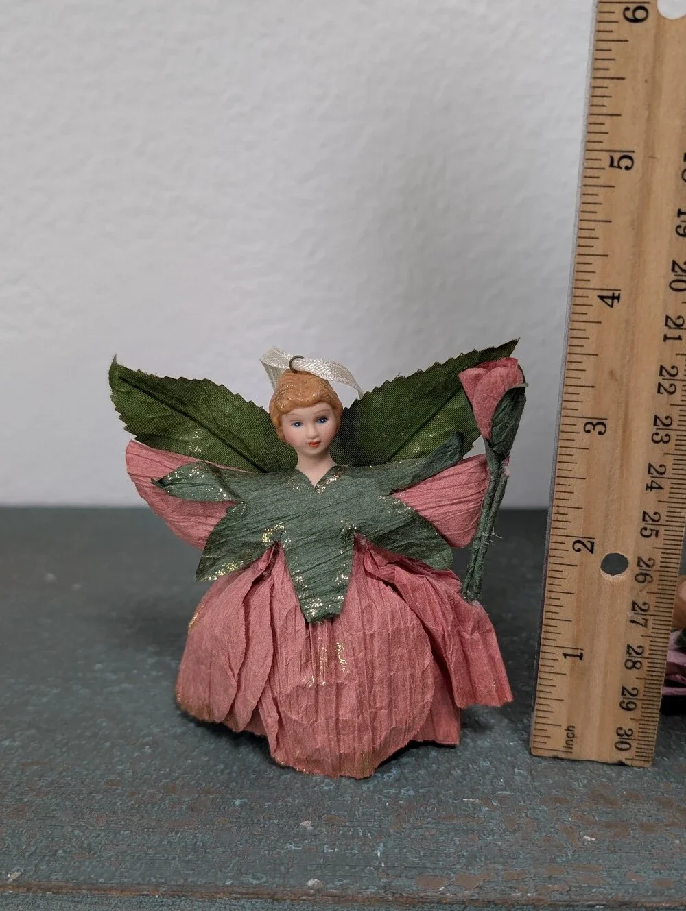 Set of 3 Flower Fairy Doll Ornaments Paper-Crepe Wings Cottagecore Cotton Body